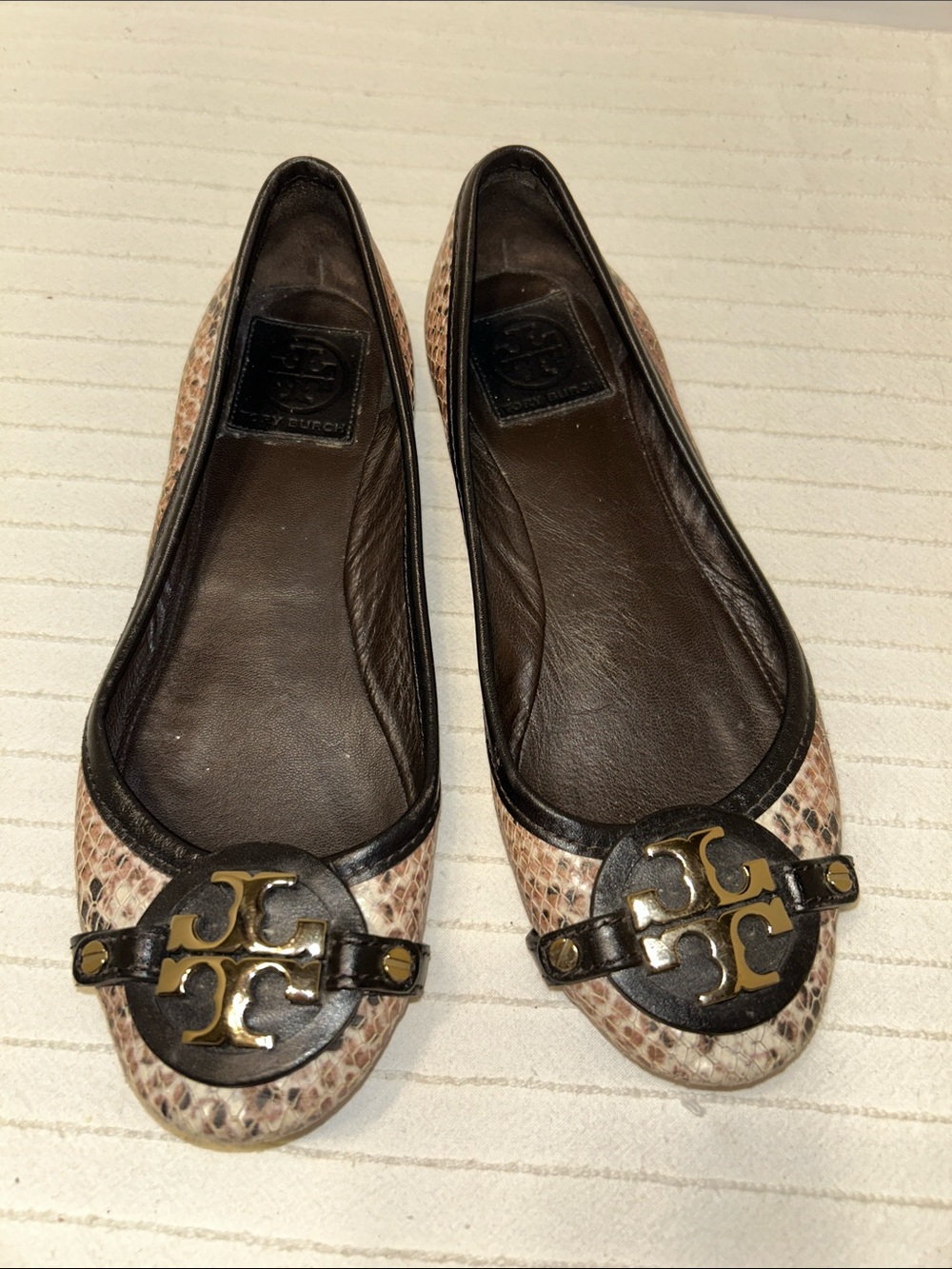 Tory Burch Snake-Print Ballet Flats with Gold Logo Medallion Size 7